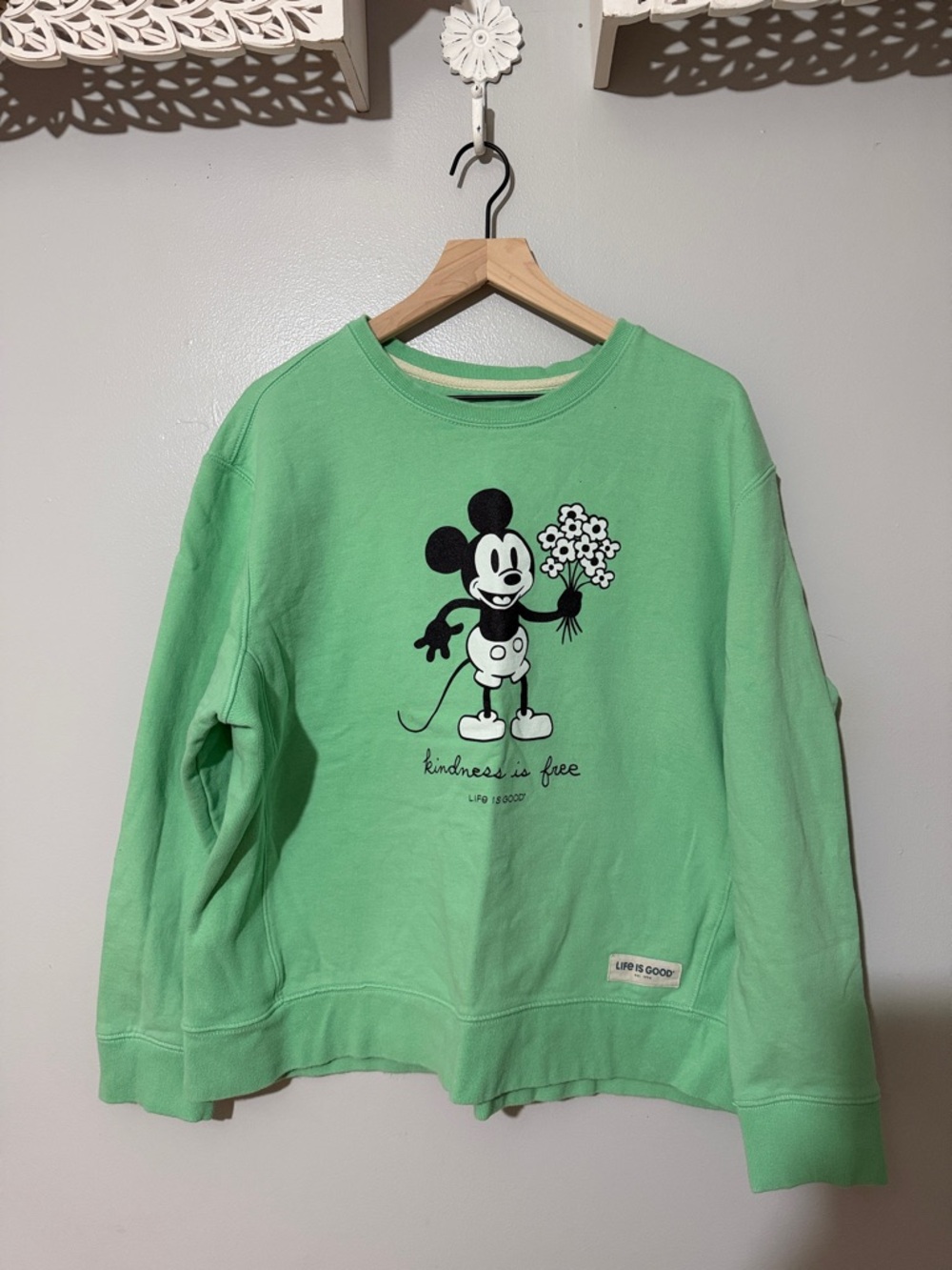 Women’s Steamboat Willie Life Is Good Mint Green Mickey Graphic Sweatshirt